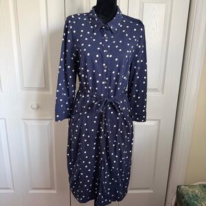 Boden Shirt Dress Womens 14 Blue Polka Dot Jersey Button Front Tie Waist Pockets